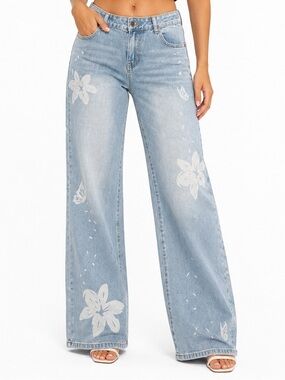 Light Blue Floral Wide-Leg Women’s Jeans